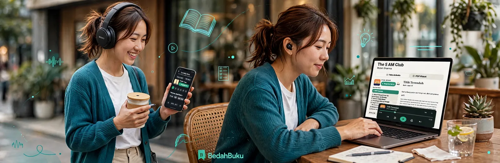 Dua wanita memakai Bedah Buku: mendengarkan audiobook di HP dan membaca ringkasan visual di laptop